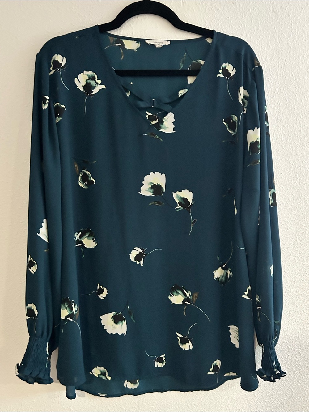 Maurices Teal Floral Top with Crisscross V-Neck